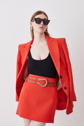 Karen Millen Clean Tailored Buckle Detail Mini Skirt in Red Orange | women’s short buckled skirts | womens recycled fabric clothes | sustainable clothing