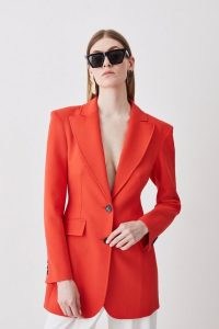 KAREN MILLEN Clean Tailored Long Line Blazer in Red Orange – women’s longline blazers – womens bright single breasted jackets