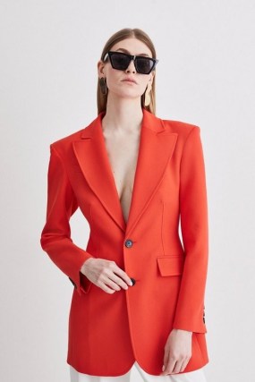 KAREN MILLEN Clean Tailored Long Line Blazer in Red Orange – women’s longline blazers – womens bright single breasted jackets - flipped