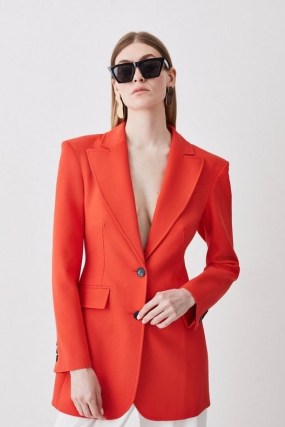 KAREN MILLEN Clean Tailored Long Line Blazer in Red Orange – women’s longline blazers – womens bright single breasted jackets