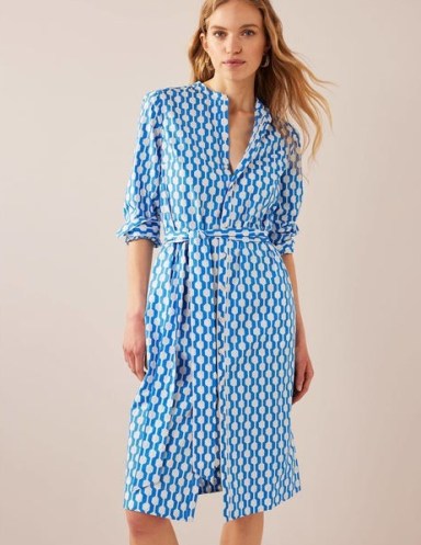 BODEN Collarless Midi Shirt Dress Moroccan Blue, Geo Azure – women’s printed cotton knee length dresses – tie waist - flipped