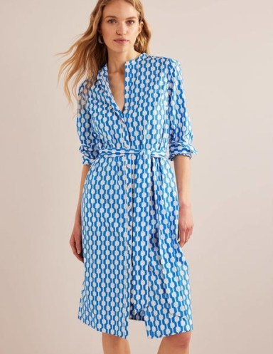 BODEN Collarless Midi Shirt Dress Moroccan Blue, Geo Azure – women’s printed cotton knee length dresses – tie waist