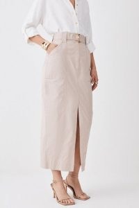 KAREN MILLEN Cotton Sateen Utility Belted Column Maxi Skirt in Stone – straight slit hem pocket detail skirts – chic utilitarian clothing
