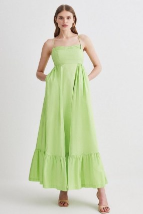 KAREN MILLEN Cotton Topstitch Strappy Maxi Dress Lime ~ women’s green skinny shoulder strap dresses ~ empire waist ~ tiered hem ~ womens lightweight summer clothes ~ holiday clothing with cami straps - flipped