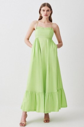 KAREN MILLEN Cotton Topstitch Strappy Maxi Dress Lime ~ women’s green skinny shoulder strap dresses ~ empire waist ~ tiered hem ~ womens lightweight summer clothes ~ holiday clothing with cami straps
