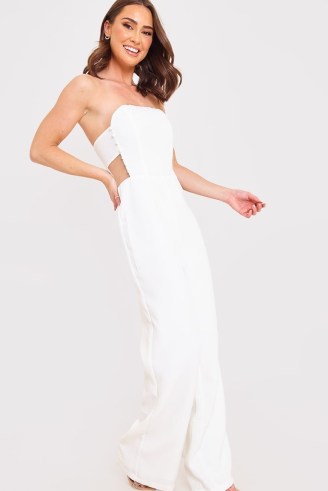 COURT BY A FEATHER WHITE MESH INSERT BUTTON DETAIL JUMPSUIT ~ strapless jumpsuits ~ women’s all-in-one party clothes - flipped