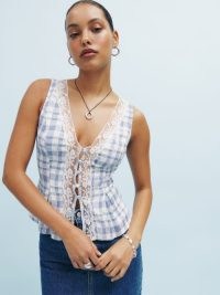 Reformation Cristina Top in Jodie – sleeveless check print tops – feminine lace trimmed fashion – luxury button up tanks – women’s checked clothing