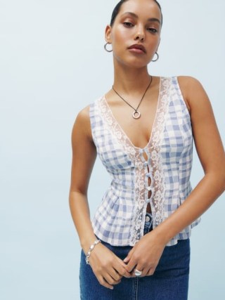 Reformation Cristina Top in Jodie – sleeveless check print tops – feminine lace trimmed fashion – luxury button up tanks – women’s checked clothing - flipped