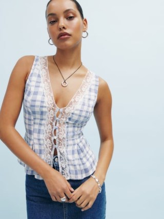 Reformation Cristina Top in Jodie – sleeveless check print tops – feminine lace trimmed fashion – luxury button up tanks – women’s checked clothing