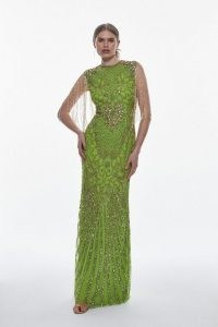 KAREN MILLEN Crystal Embellished Maxi Dress in Green ~ opulent occasionwear ~ sleeveless bead and sequin covered occasion dresses ~ glamorous fringed evening event clothing