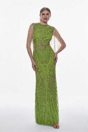 KAREN MILLEN Crystal Embellished Maxi Dress in Green ~ opulent occasionwear ~ sleeveless bead and sequin covered occasion dresses ~ glamorous fringed evening event clothing - flipped