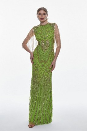 KAREN MILLEN Crystal Embellished Maxi Dress in Green ~ opulent occasionwear ~ sleeveless bead and sequin covered occasion dresses ~ glamorous fringed evening event clothing