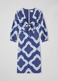 L.K. BENNETT x Heti’s Colours Daniela Blue Tile Print Organic Cotton-Blend Dress – front tie detail dresses – chic cut out clothes