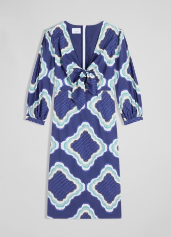 L.K. BENNETT x Heti’s Colours Daniela Blue Tile Print Organic Cotton-Blend Dress – front tie detail dresses – chic cut out clothes - flipped