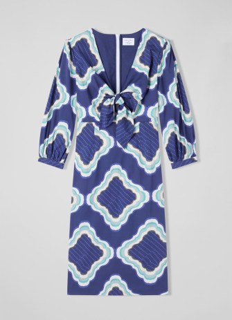 L.K. BENNETT x Heti’s Colours Daniela Blue Tile Print Organic Cotton-Blend Dress – front tie detail dresses – chic cut out clothes