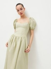 Reformation Davila Linen Dress in Dried Herbs ~ green puff sleeve fitted bodice midi dresses ~ sweetheart neckline clothes