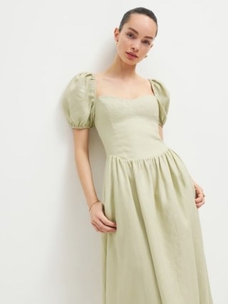 Reformation Davila Linen Dress in Dried Herbs ~ green puff sleeve fitted bodice midi dresses ~ sweetheart neckline clothes - flipped