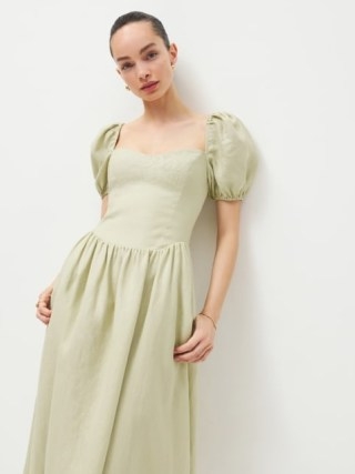 Reformation Davila Linen Dress in Dried Herbs ~ green puff sleeve fitted bodice midi dresses ~ sweetheart neckline clothes
