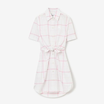 BURBERRY Check Cotton Poplin Shirt Dress in Bubblegum ~ white and pink checked tie waist dresses ~ curved hem ~ collared