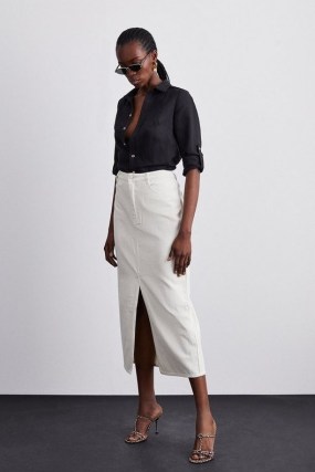 KAREN MILLEN Denim Maxi Skirt in Cream – neutral front split pencil skirts - flipped