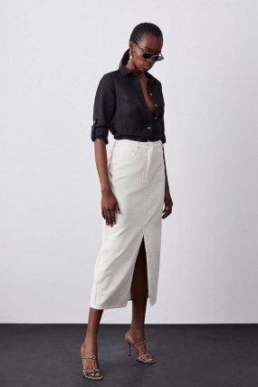KAREN MILLEN Denim Maxi Skirt in Cream – neutral front split pencil skirts