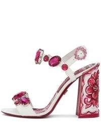 Dolce & Gabbana Majolica-print embellished sandals in off-white/fuchsia pink/dark red – luxury floral print block heel sandal – women’s designer shoes – crystal embellished footwear