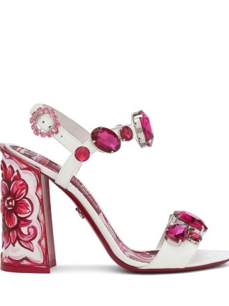 Dolce & Gabbana Majolica-print embellished sandals in off-white/fuchsia pink/dark red – luxury floral print block heel sandal – women’s designer shoes – crystal embellished footwear - flipped