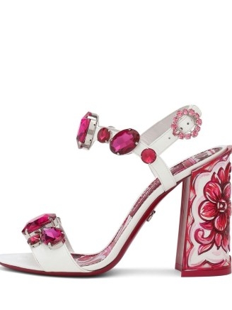 Dolce & Gabbana Majolica-print embellished sandals in off-white/fuchsia pink/dark red – luxury floral print block heel sandal – women’s designer shoes – crystal embellished footwear