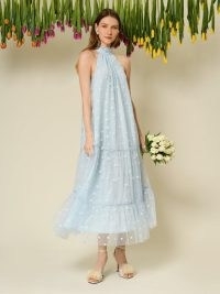 sister jane Seed Tulle Midi Dress in Cornflower Blue / DREAM WINDMILL SONGS / sleeveless floral embellished occasion dresses / tiered sheer net overlay / women’s feminine party fashion