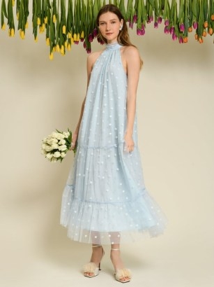 sister jane Seed Tulle Midi Dress in Cornflower Blue / DREAM WINDMILL SONGS / sleeveless floral embellished occasion dresses / tiered sheer net overlay / women’s feminine party fashion - flipped