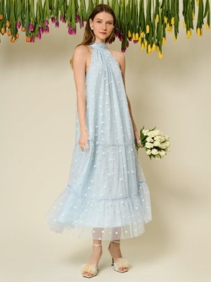 sister jane Seed Tulle Midi Dress in Cornflower Blue / DREAM WINDMILL SONGS / sleeveless floral embellished occasion dresses / tiered sheer net overlay / women’s feminine party fashion