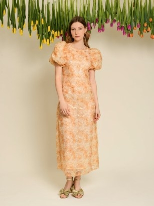 sister jane DREAM Garden Sequin Midi Dress in Gold Earth Yellow / apricot puff sleeve sequinned dresses / orange floral party fashion / women’s romantic style occasion clothes - flipped