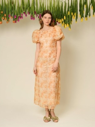 sister jane DREAM Garden Sequin Midi Dress in Gold Earth Yellow / apricot puff sleeve sequinned dresses / orange floral party fashion / women’s romantic style occasion clothes