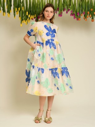 sister jane Fenna Floral Organza Dress Ivory, Persian Blue / voluminous tiered dresses / women’s romantic style party fashion / sheer overlay clothes with metallic floral details / oversized occasion clothing / romance inspired / DREAM WINDMILL SONGS collection