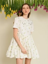 sister jane DREAM WINDMILL SONGS Ditsy Pick Mini Dress in Pearled Ivory / oversized floral satin jacquard dresses / sheer embellished collar / tiered hem / ruffled detail fashion / women’s voluminous clothing