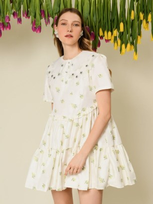 sister jane DREAM WINDMILL SONGS Ditsy Pick Mini Dress in Pearled Ivory / oversized floral satin jacquard dresses / sheer embellished collar / tiered hem / ruffled detail fashion / women’s voluminous clothing - flipped