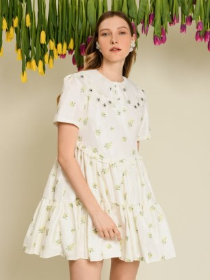 sister jane DREAM WINDMILL SONGS Ditsy Pick Mini Dress in Pearled Ivory / oversized floral satin jacquard dresses / sheer embellished collar / tiered hem / ruffled detail fashion / women’s voluminous clothing