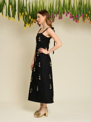 sister jane DREAM Gwen Embellished Midi Dress in Ink Black / tie shoulder strap straight fit dresses / women’s beaded occasion dresses / womens floral evening clothes