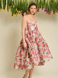 sister jane WINDMILL SONGS DREAM Tulipa Jacquard Tiered Dress in Geranium Pink / strappy floral dip hem party dresses / women’s romantic skinny shoulder strap occasion clothes / fit and flare