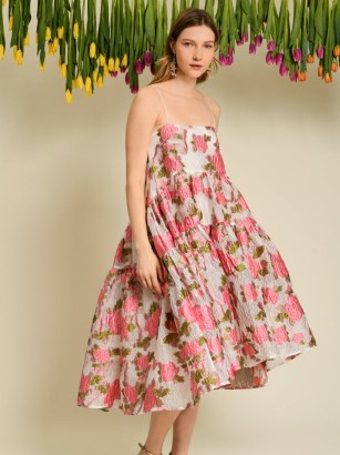 sister jane WINDMILL SONGS DREAM Tulipa Jacquard Tiered Dress in Geranium Pink / strappy floral dip hem party dresses / women’s romantic skinny shoulder strap occasion clothes / fit and flare