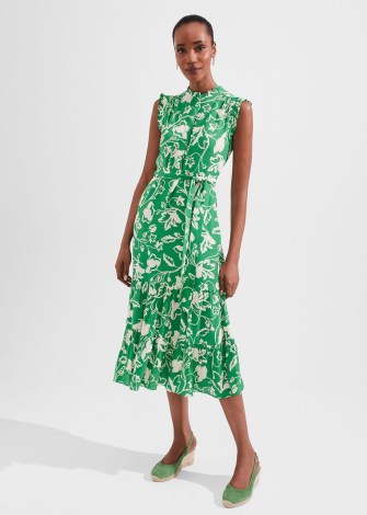 HOBBS ELSA DRESS GREEN BUTTERCREAM / women’s sleeveless high neck tie waist midi dresses / womens floral summer clothing