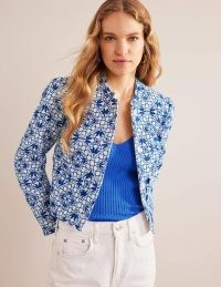 BODEN Embroidered Jacket in Blue – women’s printed crop hem jackets – cropped outerwear – women’s cotton clothing