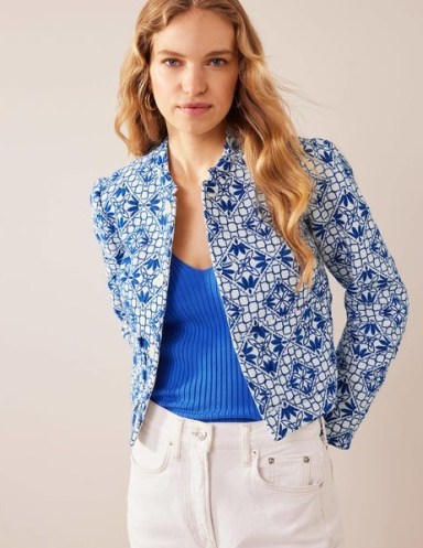 BODEN Embroidered Jacket in Blue – women’s printed crop hem jackets – cropped outerwear – women’s cotton clothing - flipped