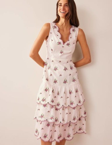 BODEN Embroidered Tiered Midi Dress in Ivory – floral sleeveless scalloped edge dresses – women’s summer clothing – womens feminine cotton fashion - flipped