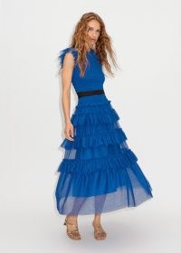ME and EM Ethereal Tulle Shirred Maxi Dress + Belt in Electric Blue/Black ~ sleeveless semi sheer net overlay dresses ~ ruffled clothes ~ feminine fashion with ruffles and tieres ~ romantic style clothing