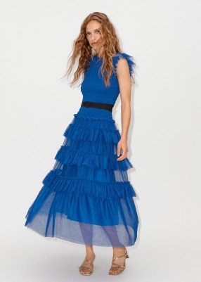 ME and EM Ethereal Tulle Shirred Maxi Dress + Belt in Electric Blue/Black ~ sleeveless semi sheer net overlay dresses ~ ruffled clothes ~ feminine fashion with ruffles and tieres ~ romantic style clothing - flipped
