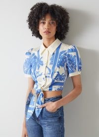 L.K. BENNETT Fellini Blue and Cream Tropical Print Cotton Tie-Front Shirt – womens cropped vintage style summer shirts – women’s luxury crop hem collared blouses – retro inspired clothing