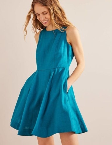 BODEN Fit-and-Flare Linen Mini Dress Teal – women’s blue sleeveless skater dresses - flipped