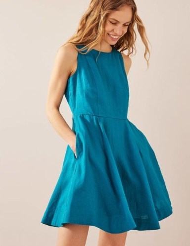BODEN Fit-and-Flare Linen Mini Dress Teal – women’s blue sleeveless skater dresses