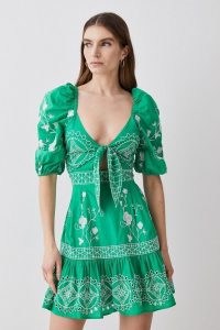 KAREN MILLEN Floral & Geo Embroidered Woven Mini Dress Green / puff sleeve cut out dresses / front and back tie detail clothing